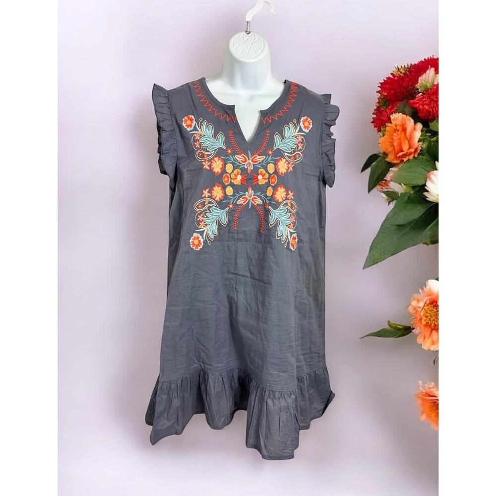 Anthropologie THML Blue Embroidered Tunic Dress Sz Small Lined Cotton Casual